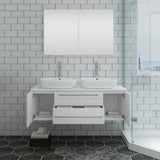 Fresca FVN6148WH-VSL-D Lucera 48" White Wall Hung Double Vessel Sink Modern Bathroom Vanity with Medicine Cabinet