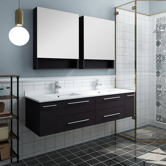 Fresca FVN6160ES-UNS-D Lucera 60" Espresso Wall Hung Double Undermount Sink Modern Bathroom Vanity with Medicine Cabinets