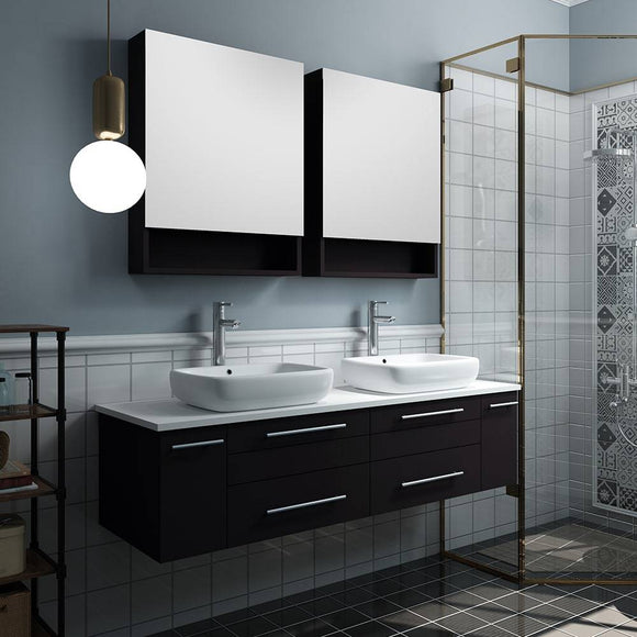 Fresca FVN6160ES-VSL-D Lucera 60" Espresso Wall Hung Double Vessel Sink Modern Bathroom Vanity with Medicine Cabinets