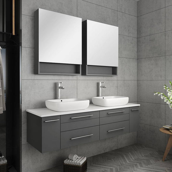Fresca FVN6160GR-VSL-D Lucera 60" Gray Wall Hung Double Vessel Sink Modern Bathroom Vanity with Medicine Cabinets