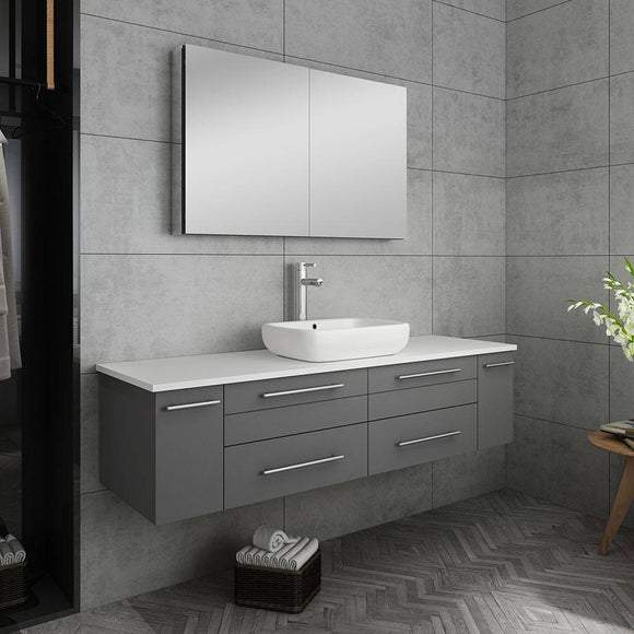 Fresca FVN6160GR-VSL Lucera 60" Gray Wall Hung Single Vessel Sink Modern Bathroom Vanity with Medicine Cabinet