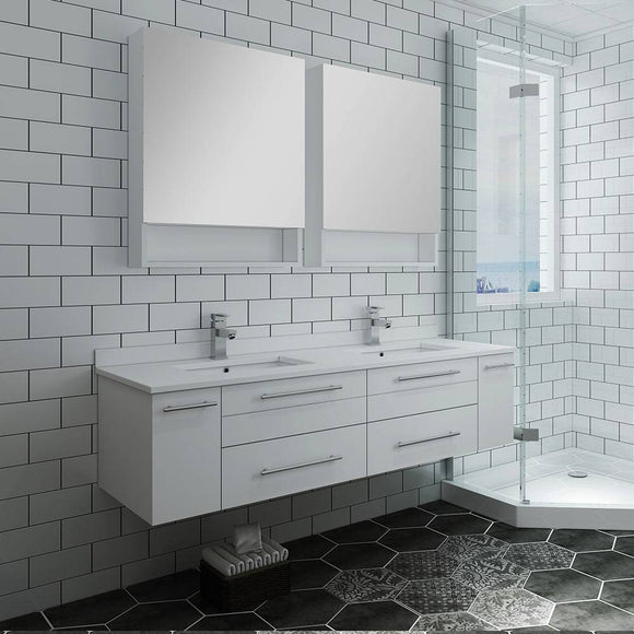 Fresca FVN6160WH-UNS-D Lucera 60" White Wall Hung Double Undermount Sink Modern Bathroom Vanity with Medicine Cabinets