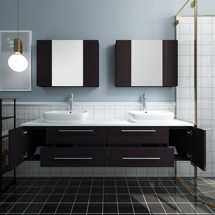 Fresca FVN6172ES-VSL-D Lucera 72" Espresso Wall Hung Double Vessel Sink Modern Bathroom Vanity with Medicine Cabinets