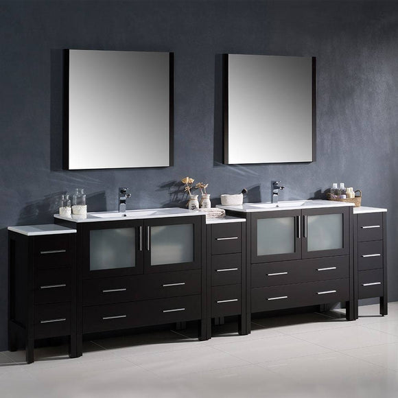 Fresca FVN62-108ES-UNS Torino 108" Espresso Modern Double Sink Bathroom Vanity with 3 Side Cabinets & Integrated Sinks