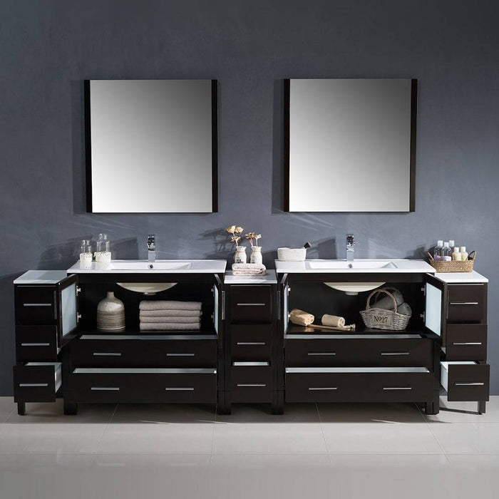 Fresca FVN62-108ES-UNS Torino 108" Espresso Modern Double Sink Bathroom Vanity with 3 Side Cabinets & Integrated Sinks
