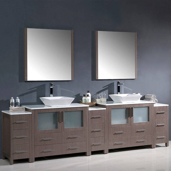Fresca FVN62-108GO-VSL Torino 108" Gray Oak Modern Double Sink Bathroom Vanity with 3 Side Cabinets & Vessel Sinks