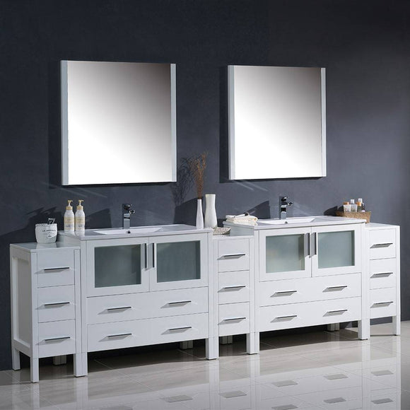 Fresca FVN62-108WH-UNS Torino 108" White Modern Double Sink Bathroom Vanity with 3 Side Cabinets & Integrated Sinks
