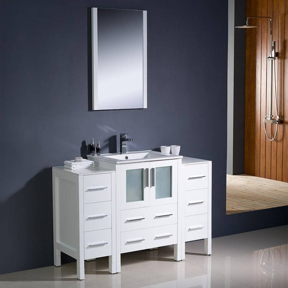 Fresca FVN62-122412WH-UNS Torino 48" White Modern Bathroom Vanity with 2 Side Cabinets & Integrated Sink