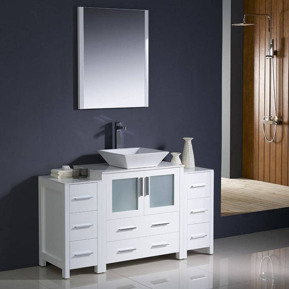 Fresca FVN62-123012WH-VSL Torino 54" White Modern Bathroom Vanity with 2 Side Cabinets & Vessel Sink