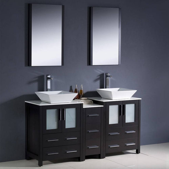 Fresca FVN62-241224ES-VSL Torino 60" Espresso Modern Double Sink Bathroom Vanity with Side Cabinet & Vessel Sinks