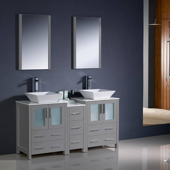 Fresca FVN62-241224GR-VSL Torino 60" Gray Modern Double Sink Bathroom Vanity with Side Cabinet & Vessel Sinks