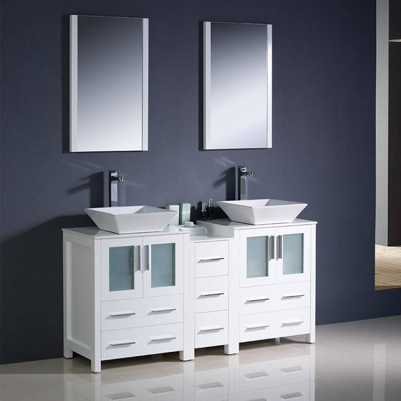 Fresca FVN62-241224WH-VSL Torino 60" White Modern Double Sink Bathroom Vanity with Side Cabinet & Vessel Sinks