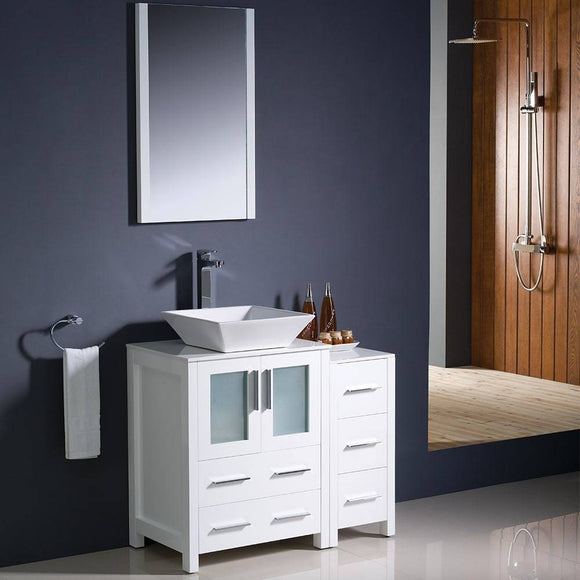 Fresca FVN62-2412WH-VSL Torino 36" White Modern Bathroom Vanity with Side Cabinet & Vessel Sink