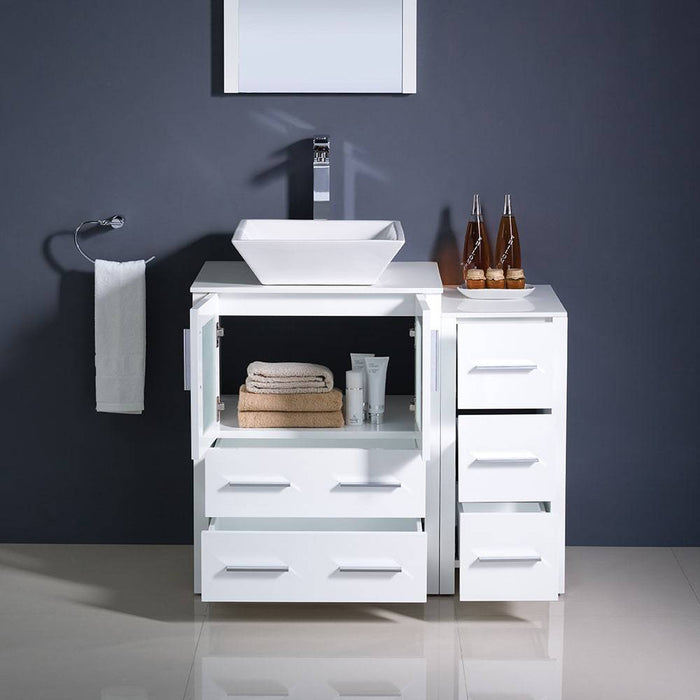 Fresca FVN62-2412WH-VSL Torino 36" White Modern Bathroom Vanity with Side Cabinet & Vessel Sink