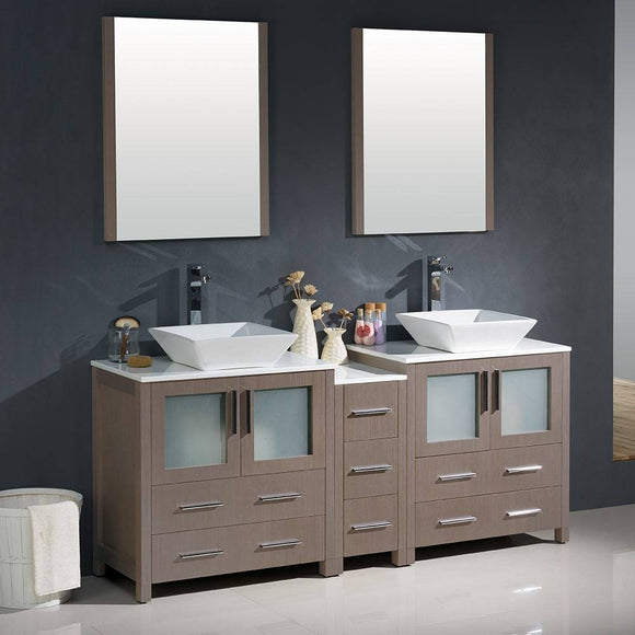 Fresca FVN62-301230GO-VSL Torino 72" Gray Oak Modern Double Sink Bathroom Vanity with Side Cabinet & Vessel Sinks