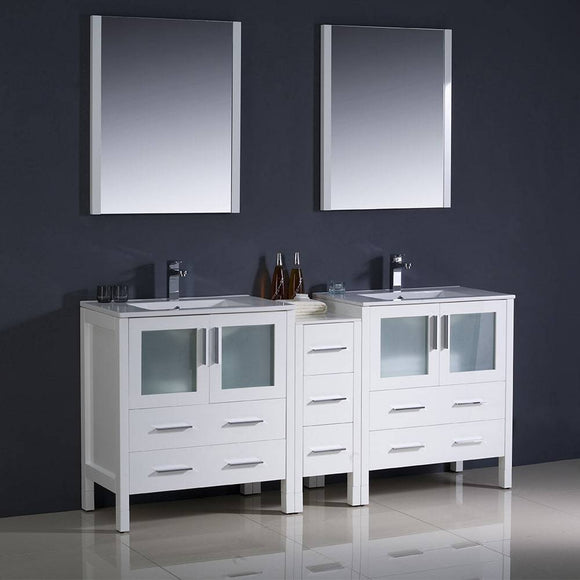 Fresca FVN62-301230WH-UNS Torino 72" White Modern Double Sink Bathroom Vanity with Side Cabinet & Integrated Sinks