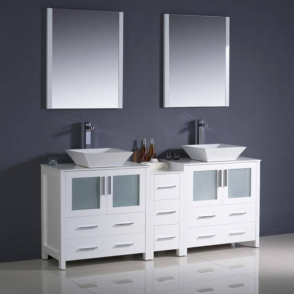 Fresca FVN62-301230WH-VSL Torino 72" White Modern Double Sink Bathroom Vanity with Side Cabinet & Vessel Sinks