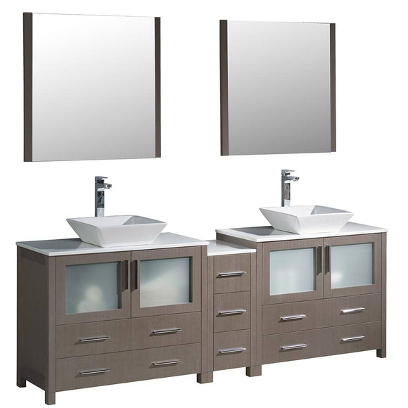 Fresca FVN62-361236GO-VSL Torino 84" Gray Oak Modern Double Sink Bathroom Vanity with Side Cabinet & Vessel Sinks