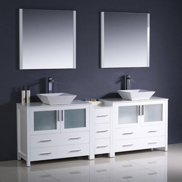 Fresca FVN62-361236WH-VSL Torino 84" White Modern Double Sink Bathroom Vanity with Side Cabinet & Vessel Sinks