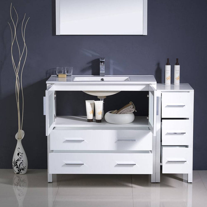 Fresca FVN62-3612WH-UNS Torino 48" White Modern Bathroom Vanity with Side Cabinet & Integrated Sink
