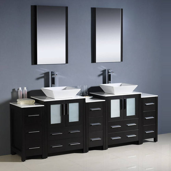 Fresca FVN62-72ES-VSL Torino 84" Espresso Modern Double Sink Bathroom Vanity with 3 Side Cabinets & Vessel Sinks