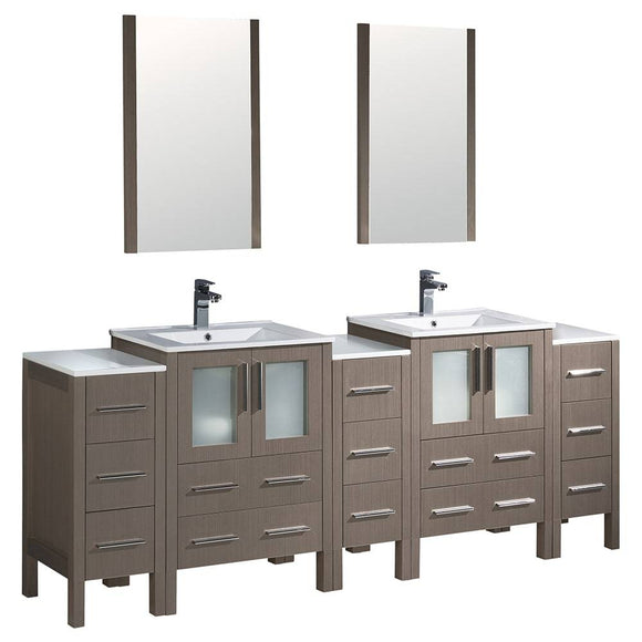 Fresca FVN62-72GO-UNS Torino 84" Gray Oak Modern Double Sink Bathroom Vanity with 3 Side Cabinets & Integrated Sinks