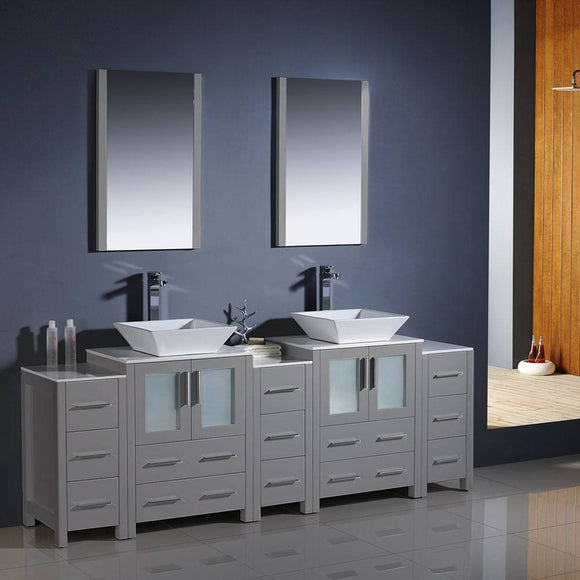 Fresca FVN62-72GR-VSL Torino 84" Gray Modern Double Sink Bathroom Vanity with 3 Side Cabinets & Vessel Sinks