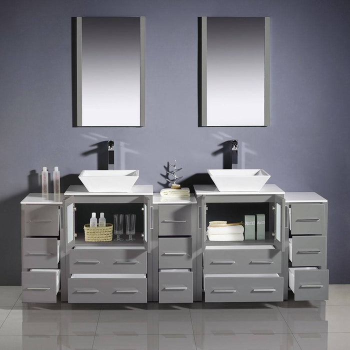 Fresca FVN62-72GR-VSL Torino 84" Grey Modern Double Sink Bathroom Vanity with 3 Side Cabinets & Vessel Sinks