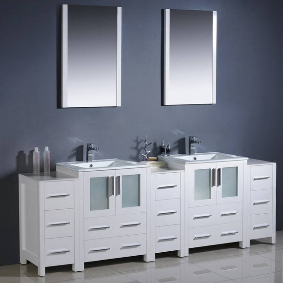 Fresca FVN62-72WH-UNS Torino 84" White Modern Double Sink Bathroom Vanity with 3 Side Cabinets & Integrated Sinks