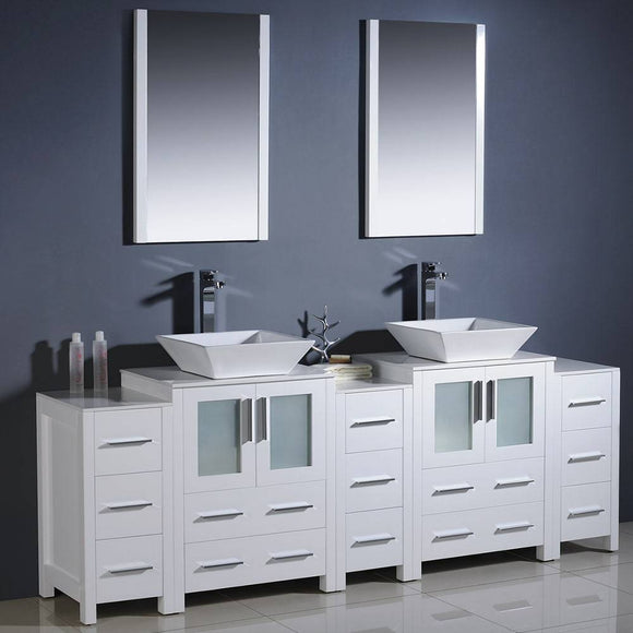 Fresca FVN62-72WH-VSL Torino 84" White Modern Double Sink Bathroom Vanity with 3 Side Cabinets & Vessel Sinks