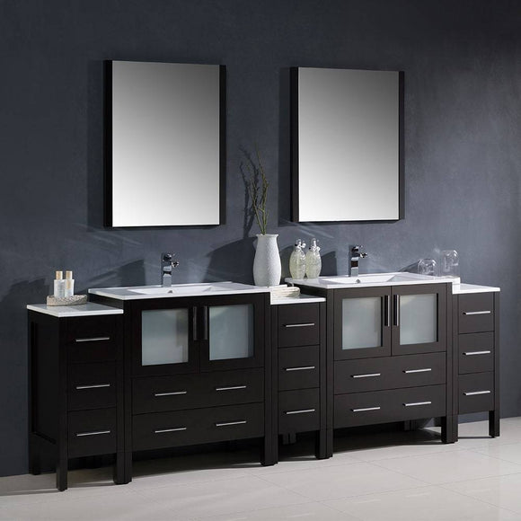 Fresca FVN62-96ES-UNS Torino 96" Espresso Modern Double Sink Bathroom Vanity with 3 Side Cabinets & Integrated Sinks