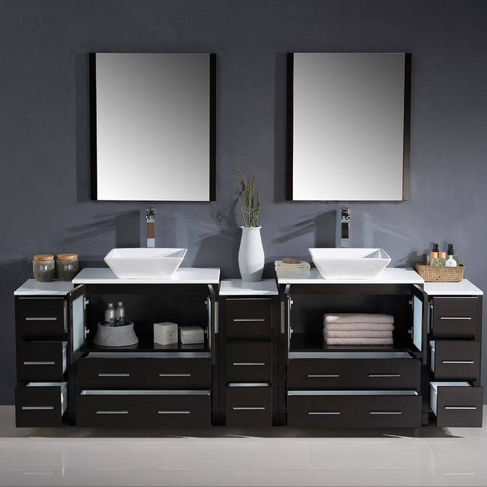 Fresca FVN62-96ES-VSL Torino 96" Espresso Modern Double Sink Bathroom Vanity with 3 Side Cabinets & Vessel Sinks