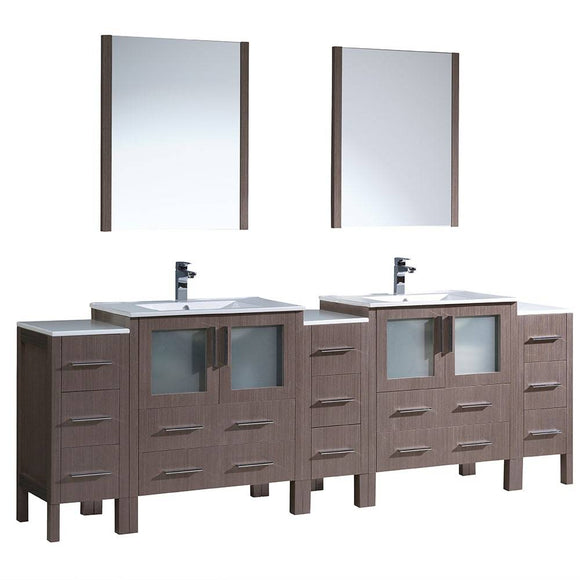 Fresca FVN62-96GO-UNS Torino 96" Gray Oak Modern Double Sink Bathroom Vanity with 3 Side Cabinets & Integrated Sinks