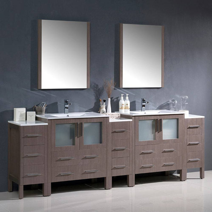 Fresca FVN62-96GO-UNS Torino 96" Gray Oak Modern Double Sink Bathroom Vanity with 3 Side Cabinets & Integrated Sinks