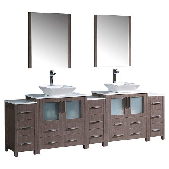 Fresca FVN62-96GO-VSL Torino 96" Gray Oak Modern Double Sink Bathroom Vanity with 3 Side Cabinets & Vessel Sinks
