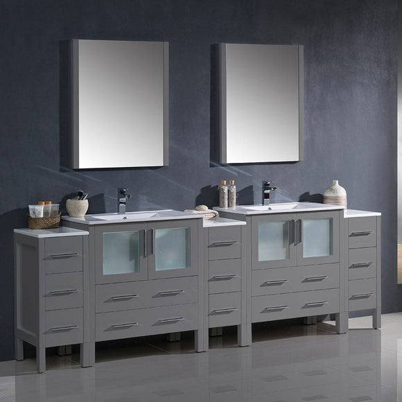 Fresca FVN62-96GR-UNS Torino 96" Gray Modern Double Sink Bathroom Vanity with 3 Side Cabinets & Integrated Sinks