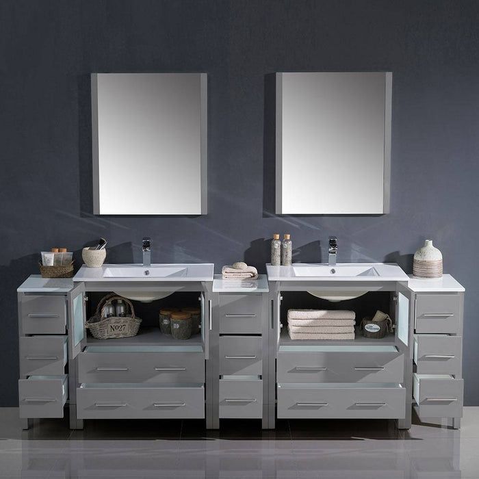 Fresca FVN62-96GR-UNS Torino 96" Grey Modern Double Sink Bathroom Vanity with 3 Side Cabinets & Integrated Sinks