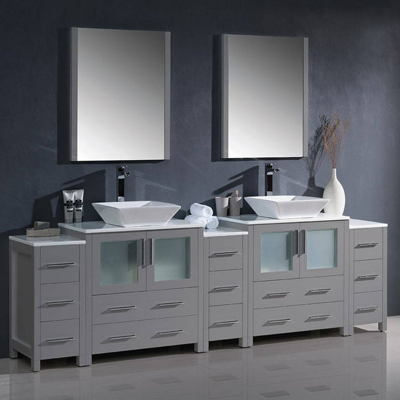 Fresca FVN62-96GR-VSL Torino 96" Gray Modern Double Sink Bathroom Vanity with 3 Side Cabinets & Vessel Sinks