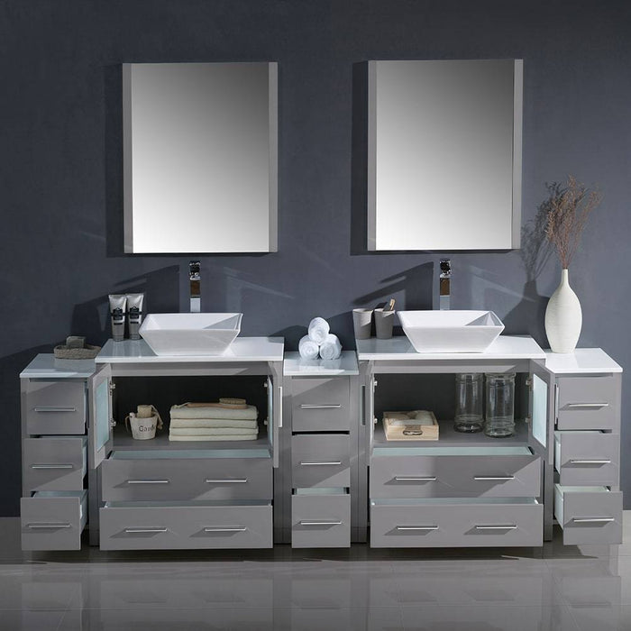 Fresca FVN62-96GR-VSL Torino 96" Grey Modern Double Sink Bathroom Vanity with 3 Side Cabinets & Vessel Sinks
