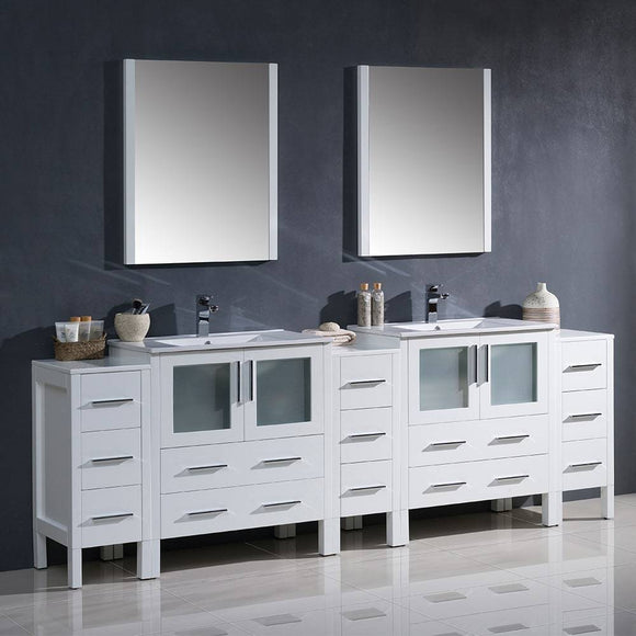 Fresca FVN62-96WH-UNS Torino 96" White Modern Double Sink Bathroom Vanity with 3 Side Cabinets & Integrated Sinks