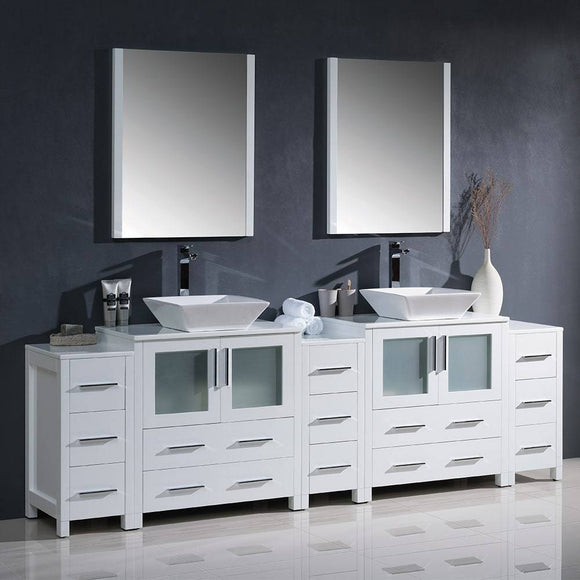 Fresca FVN62-96WH-VSL Torino 96" White Modern Double Sink Bathroom Vanity with 3 Side Cabinets & Vessel Sinks