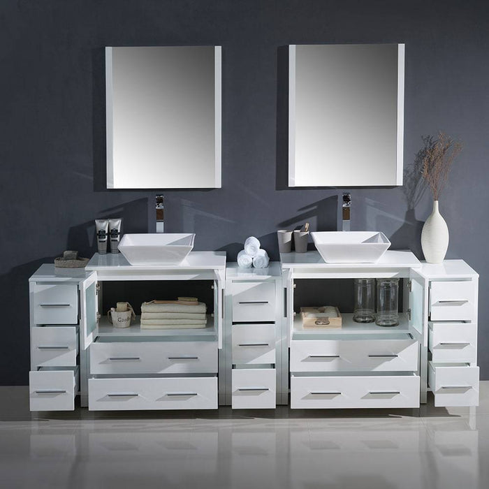 Fresca FVN62-96WH-VSL Torino 96" White Modern Double Sink Bathroom Vanity with 3 Side Cabinets & Vessel Sinks