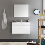 Fresca FVN8008WH Mezzo 36" White Wall Hung Modern Bathroom Vanity with Medicine Cabinet