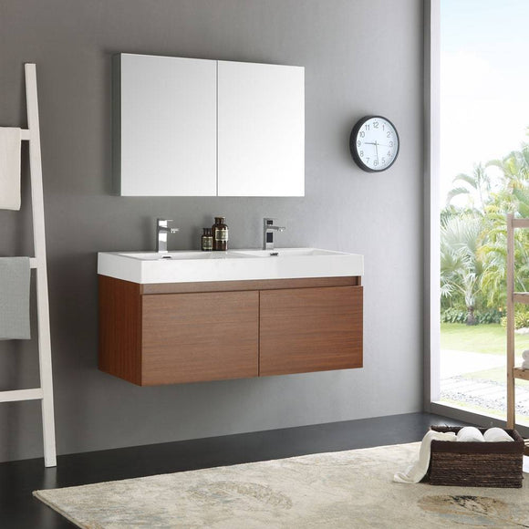 Fresca FVN8012TK Mezzo 48" Teak Wall Hung Double Sink Modern Bathroom Vanity with Medicine Cabinet