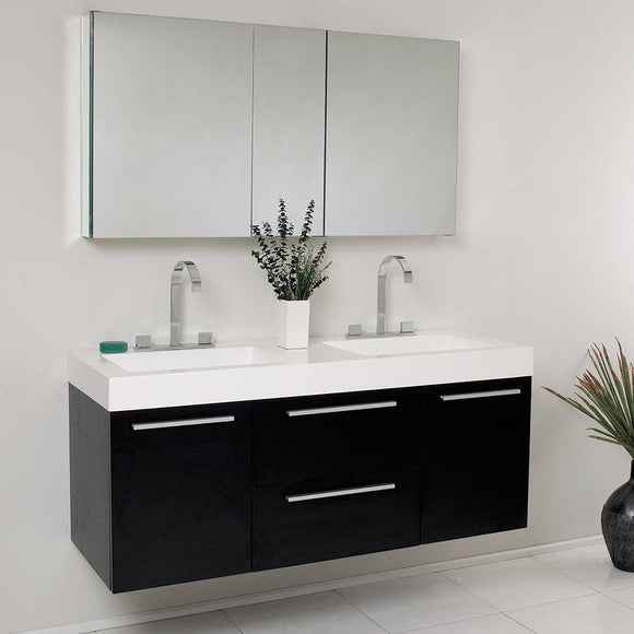 Fresca FVN8013BW Opulento 54" Black Modern Double Sink Bathroom Vanity with Medicine Cabinet