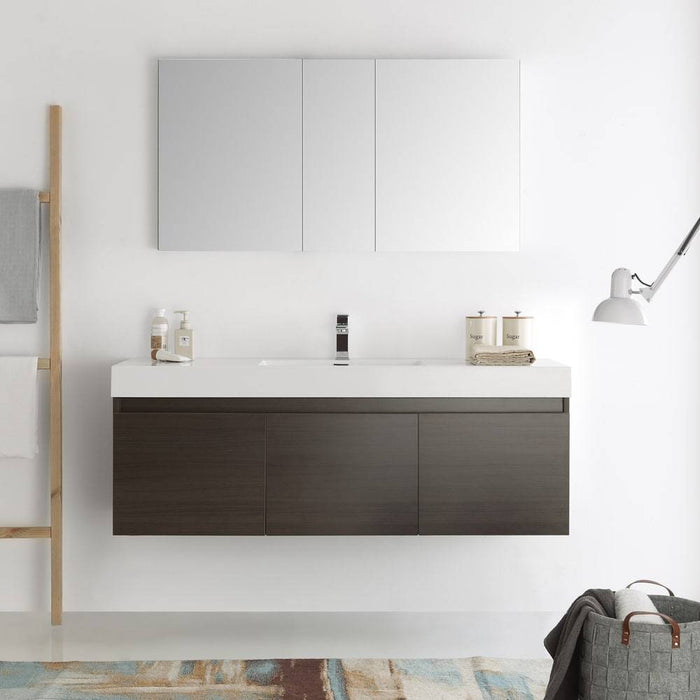 Fresca FVN8041GO Mezzo 60" Gray Oak Wall Hung Single Sink Modern Bathroom Vanity with Medicine Cabinet