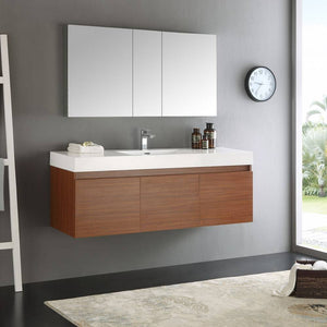 Fresca FVN8041TK Mezzo 60" Teak Wall Hung Single Sink Modern Bathroom Vanity with Medicine Cabinet
