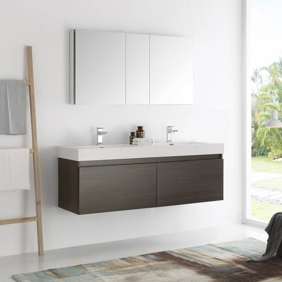Fresca FVN8042GO Mezzo 60" Gray Oak Wall Hung Double Sink Modern Bathroom Vanity with Medicine Cabinet