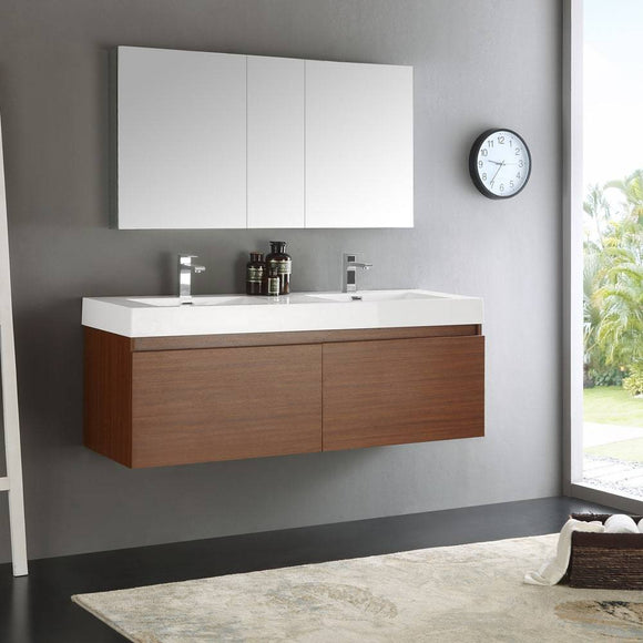 Fresca FVN8042TK Mezzo 60" Teak Wall Hung Double Sink Modern Bathroom Vanity with Medicine Cabinet