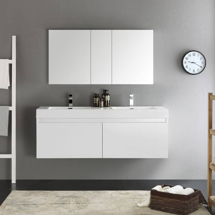 Fresca FVN8042WH Mezzo 60" White Wall Hung Double Sink Modern Bathroom Vanity with Medicine Cabinet